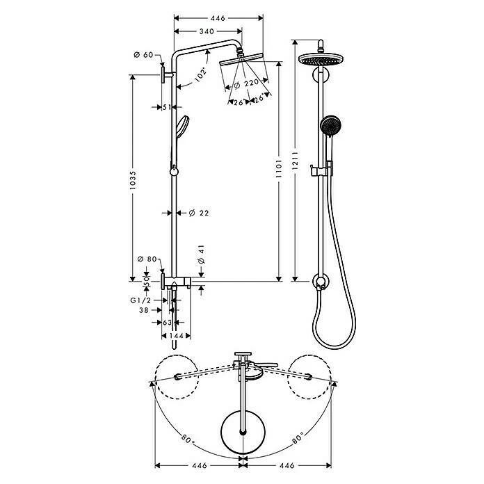 BAUHAUS Hansgrohe Duschsystem Croma Showerpipe 220 Lochabstand: 103,5 Cm, Anzahl Strahlarten: 4 Stk., Chrom 4 BAUHAUS Hansgrohe Duschsystem Croma Showerpipe 220 Lochabstand: 103,5 Cm, Anzahl Strahlarten: 4 Stk., Chrom – Bild 2