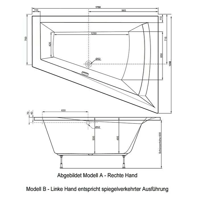 BAUHAUS Ottofond Badewanne Cebu 2 A Rechtsseitig, 175 X 135/70 X 50 Cm, Sanitäracryl, Weiß 5 BAUHAUS Ottofond Badewanne Cebu 2 A Rechtsseitig, 175 X 135/70 X 50 Cm, Sanitäracryl, Weiß – Bild 3
